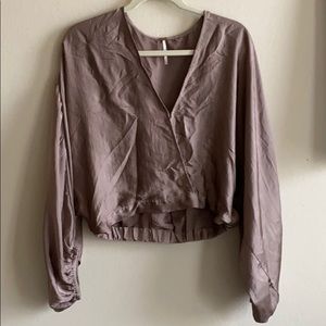 Free People Mauve/Tan Silk V-Neck Long Sleeve Top
